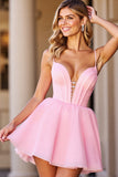 Pink Corset A Line Deep V-Neck Short Homecoming Dress