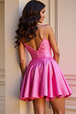 Fuchsia Satin A Line Short Homecoming Dress with Flower