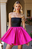 Black and Fuchsia Satin Strapless A Line Short Homecoming Dress