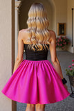 Black and Fuchsia Satin Strapless A Line Short Homecoming Dress