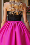 Black and Fuchsia Satin Strapless A Line Short Homecoming Dress