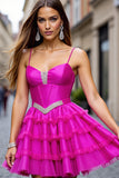 Fuchsia Corset Ruffled Short Homecoming Dress with Beading