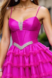 Fuchsia Corset Ruffled Short Homecoming Dress with Beading