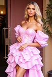 Sparkly Pink Sequin High-Low Homecoming Dress with Ruffles