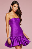 Dark Purple Strapless Satin Short Homecoming Dress with 3D Flower