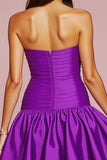 Dark Purple Strapless Satin Short Homecoming Dress with 3D Flower
