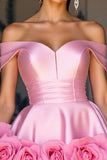 Pink Satin A Line Floral Short Homecoming Dress
