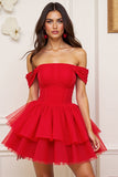 Red A Line Tulle Tiered Corset Short Homecoming Dress with Ruffles