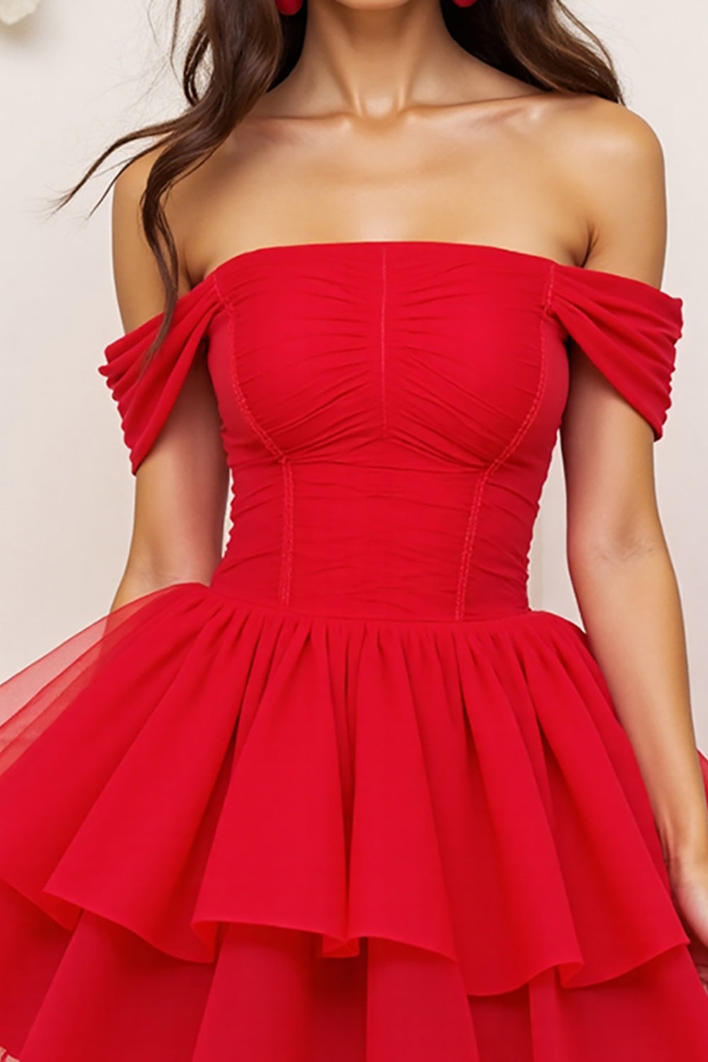 Red A Line Tulle Tiered Corset Short Homecoming Dress with Ruffles