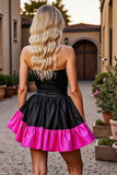 Black and Fuchsia Satin Corset Strapless Short Homecoming Dress