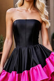Black and Fuchsia Satin Corset Strapless Short Homecoming Dress