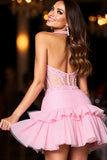 Sparkly Pink Corset Tulle Short Homecoming Dress with Ruffles