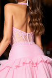 Sparkly Pink Corset Tulle Short Homecoming Dress with Ruffles