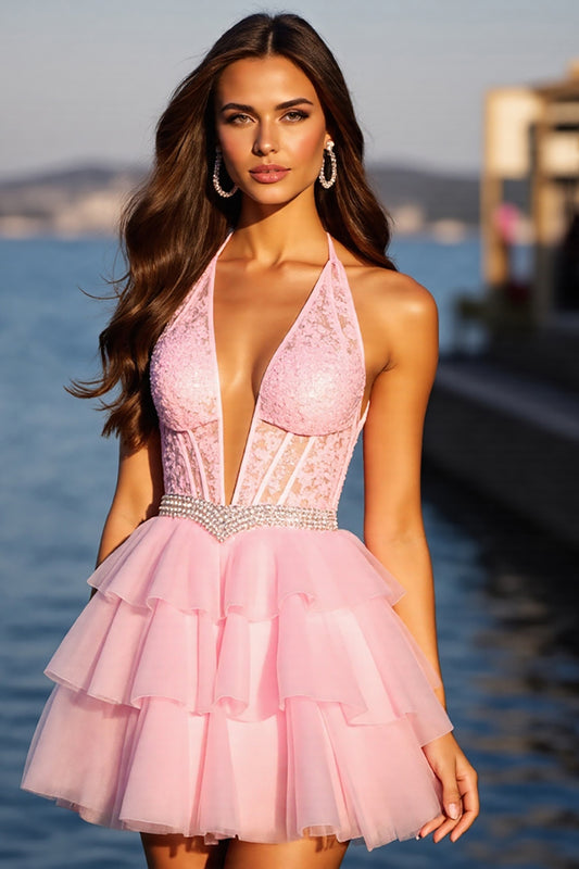 Sparkly Pink Corset Tulle Ruffled Short Homecoming Dress with Rhinestones