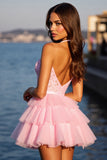 Sparkly Pink Corset Tulle Ruffled Short Homecoming Dress with Rhinestones