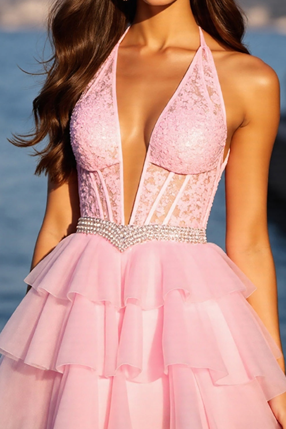 Sparkly Pink Corset Tulle Ruffled Short Homecoming Dress with Rhinestones