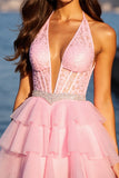 Sparkly Pink Corset Tulle Ruffled Short Homecoming Dress with Rhinestones