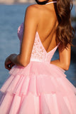 Sparkly Pink Corset Tulle Ruffled Short Homecoming Dress with Rhinestones