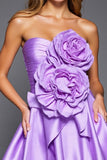 Purple Strapless Short Satin Homecoming Dress with 3D Flowers