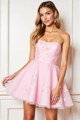 Pink Corset Floral Strapless Short Tulle Homecoming Dress