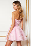 Pink Corset Floral Strapless Short Tulle Homecoming Dress