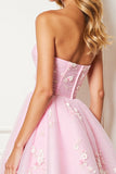 Pink Corset Floral Strapless Short Tulle Homecoming Dress