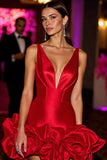 Red Floral Deep V-Neck Corset Satin Short Homecoming Dress