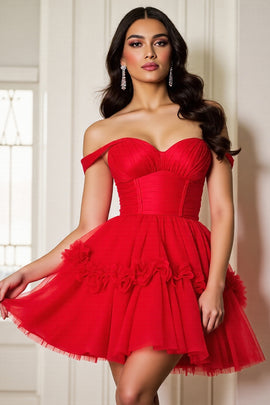 Red A Line Corset Tulle Short Homecoming Dress with Ruffles