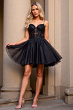 Black Corset Tulle Short Homecoming Dress with Appliques