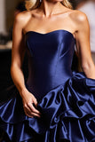 Navy Satin Sweetheart Short Homecoming Dress with Ruffles