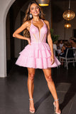 Pink Corset Tulle Tiered Short Homecoming Dress with Ruffles