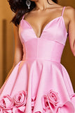 Pink Satin Floral A Line Corset Short Homecoming Dress