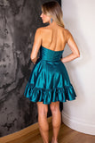 Dark Blue Strapless Corset A Line Short Satin Homecoming Dress with Ruffles
