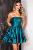 Dark Blue Strapless Corset A Line Short Satin Homecoming Dress with Ruffles