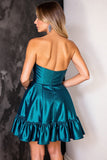 Dark Blue Strapless Corset A Line Short Satin Homecoming Dress with Ruffles