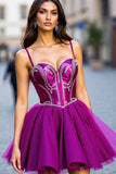 Sparkly Dark Purple Tulle Corset Short Homecoming Dress with Beading