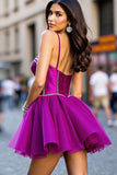 Sparkly Dark Purple Tulle Corset Short Homecoming Dress with Beading