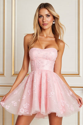 Floral Pink Corset Strapless Short Tulle Homecoming Dress