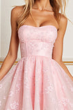 Floral Pink Corset Strapless Short Tulle Homecoming Dress