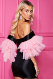Black and Pink Satin Corset Short Homecoming Dress with Sleeves