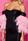 Black and Pink Satin Corset Short Homecoming Dress with Sleeves