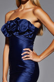 Navy Satin Bodycon Strapless Short Homecoming Dress with Ruffles
