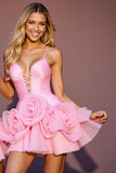 Pink A Line Tulle Short Homecoming Dress with 3D Flowers