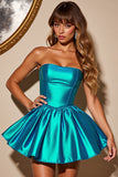 Blue Corset Satin A Line Strapless Short Homecoming Dress