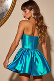 Blue Corset Satin A Line Strapless Short Homecoming Dress