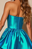 Blue Corset Satin A Line Strapless Short Homecoming Dress