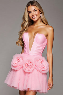 Pink Floral Corset A Line Tulle Short Homecoming Dress