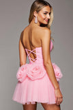 Pink Floral Corset A Line Tulle Short Homecoming Dress