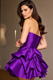 Dark Purple Floral Short Satin Homecoming Dress with Ruffles