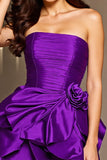 Dark Purple Floral Short Satin Homecoming Dress with Ruffles